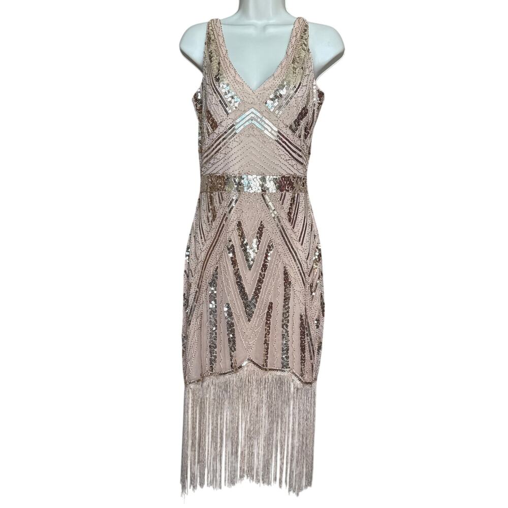 Unique Vintage Blush Pink Sequin Fringe V Neck Flapper Dress M NWOT - Picture 2 of 8